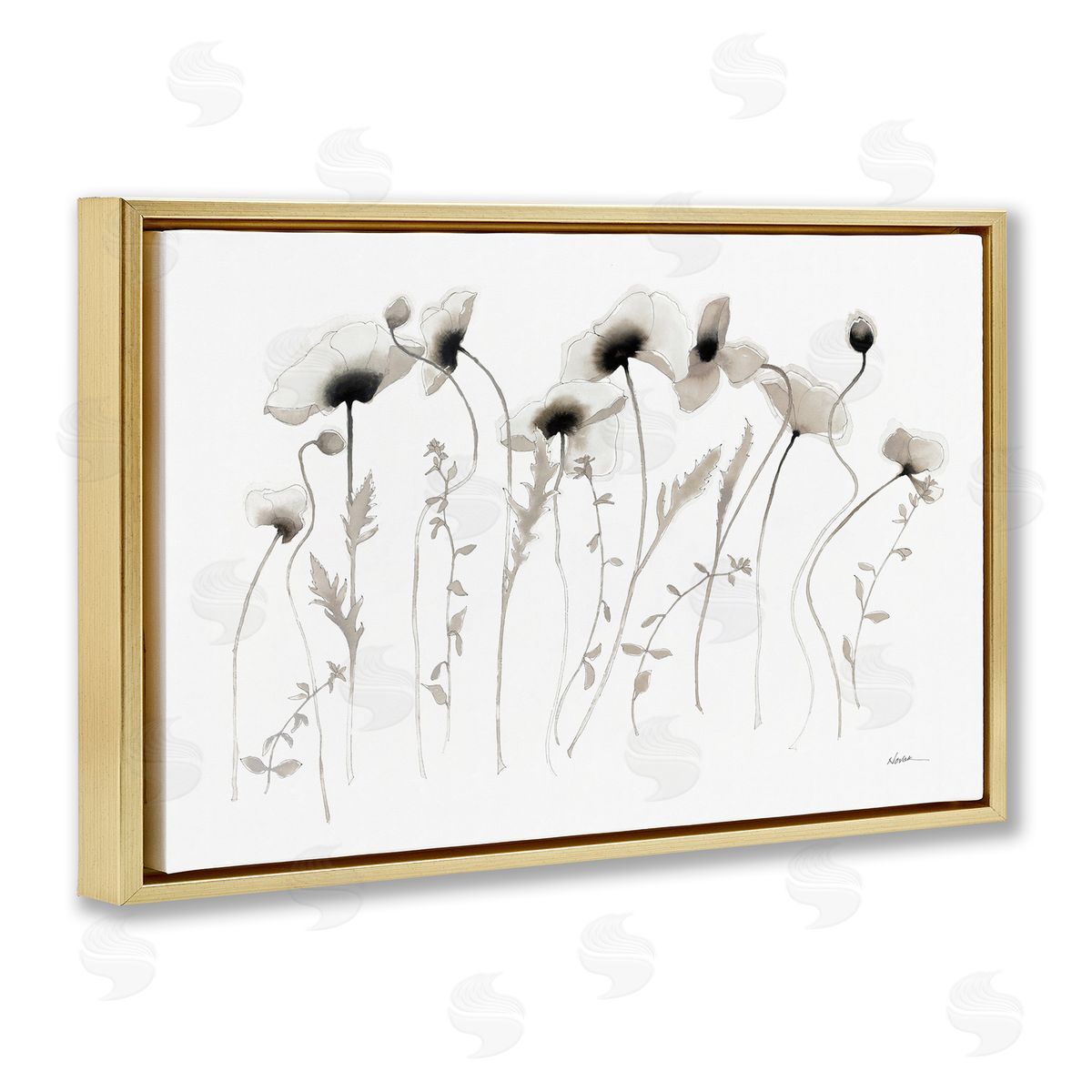 White Poppy Sprigs Gold Floating Frame Canvas Wall Art, Home Decor by Shirley Novak