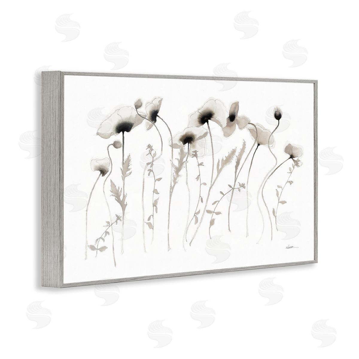 White Poppy Sprigs Grey Frame Print Wall Art, Home Decor by Shirley Novak