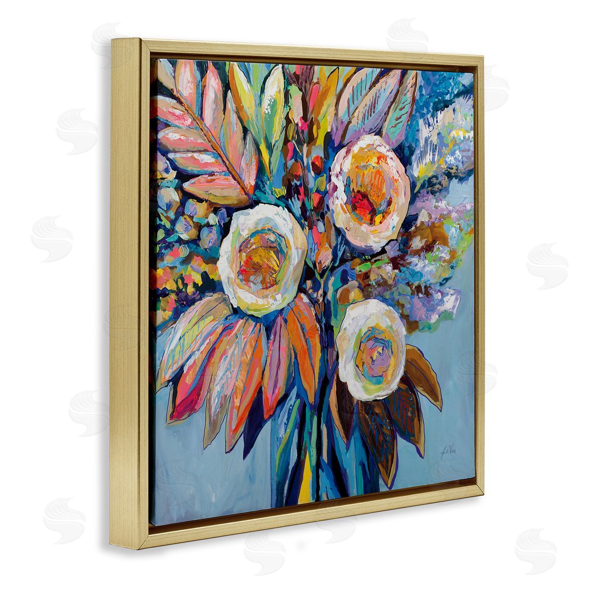 Wonderment Bold Bouquet Gold Floating Frame Canvas Wall Art, Home Decor by Jeanette Vertentes
