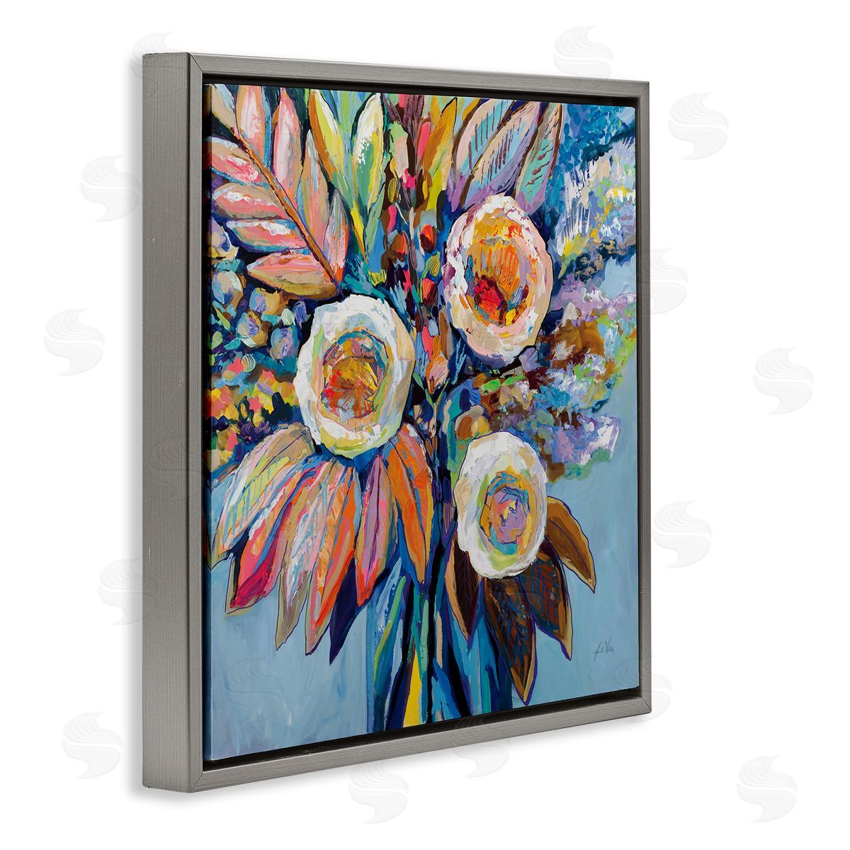 Wonderment Bold Bouquet Grey Floating Frame Canvas Wall Art, Home Decor by Jeanette Vertentes