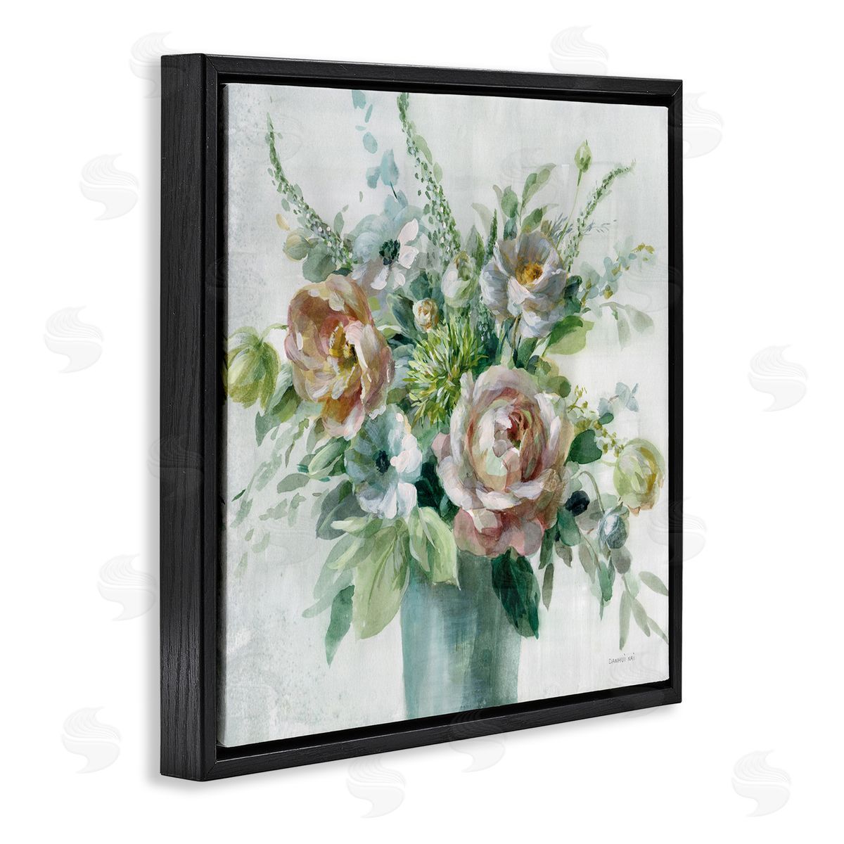 Sage and Peach Blossoms Black Floating Frame Canvas Wall Art, Home Decor by Danhui Nai