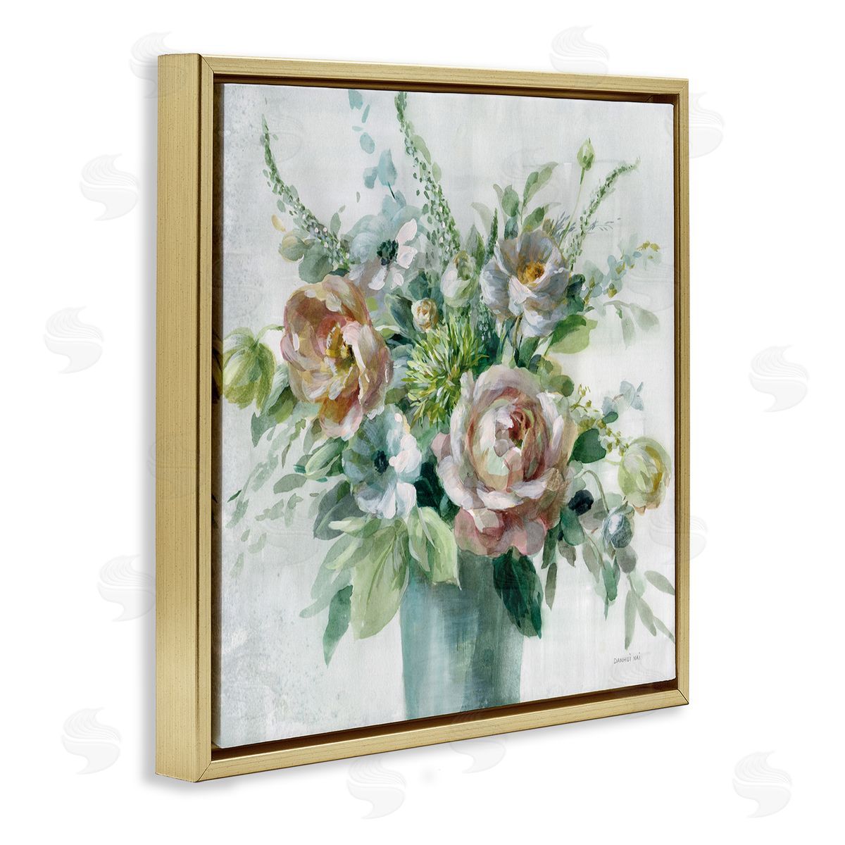 Sage and Peach Blossoms Gold Floating Frame Canvas Wall Art, Home Decor by Danhui Nai