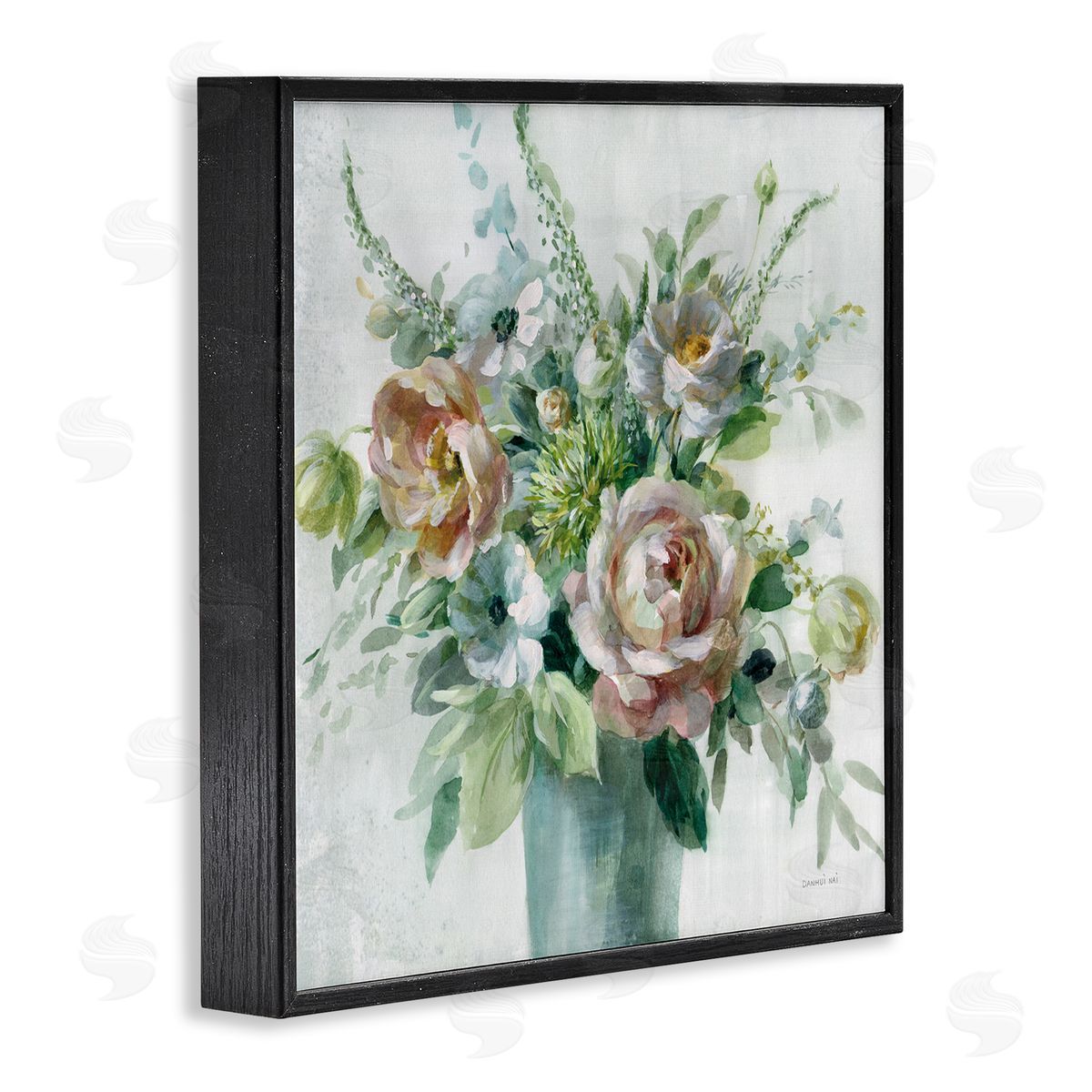 Sage and Peach Blossoms Black Frame Print Wall Art, Home Decor by Danhui Nai