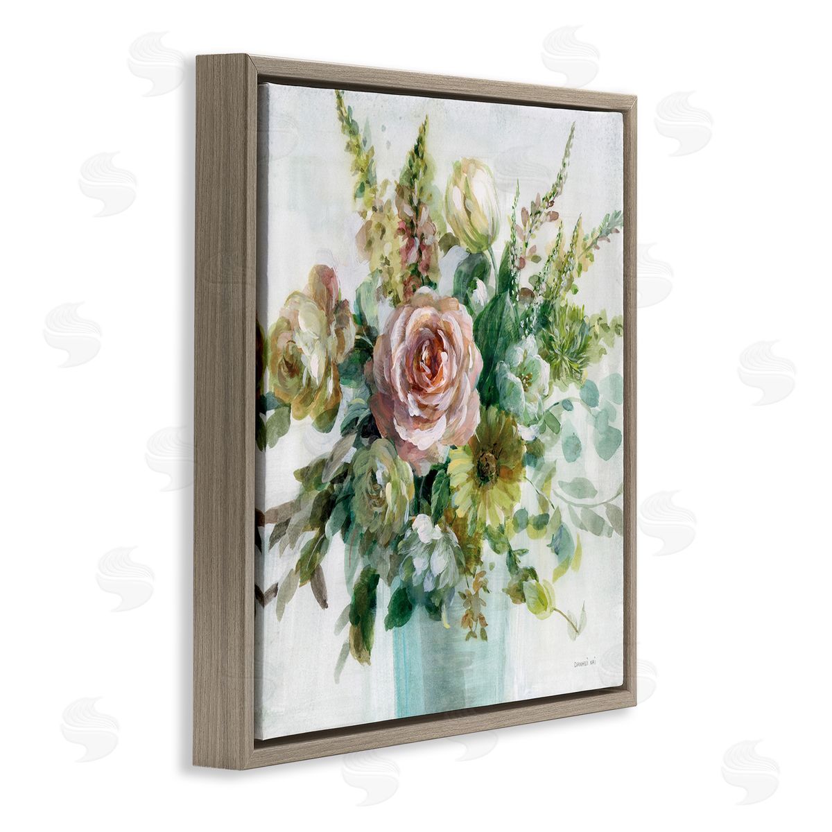 Sage and Peach Flowers Brown Floating Frame Canvas Wall Art, Home Decor by Danhui Nai