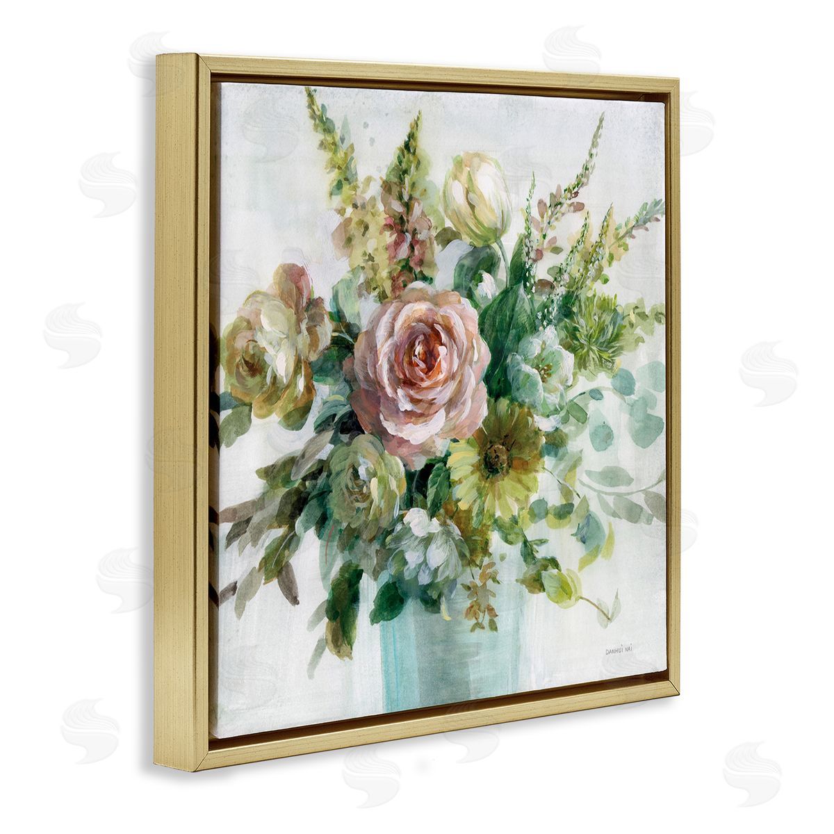 Sage and Peach Flowers Gold Floating Frame Canvas Wall Art, Home Decor by Danhui Nai