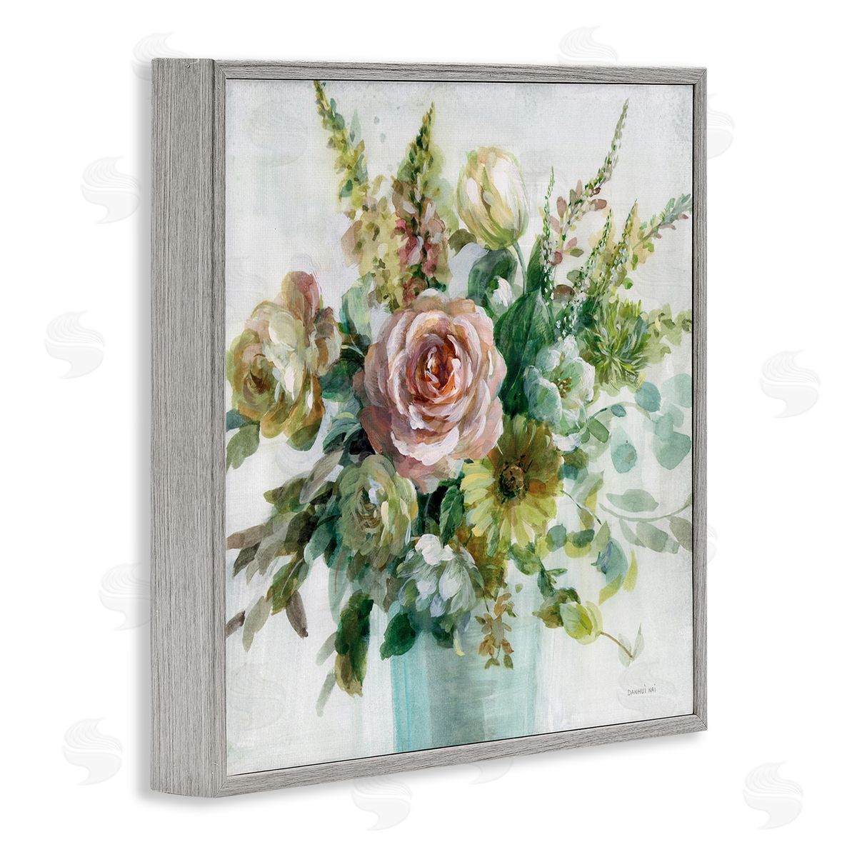 Sage and Peach Flowers Grey Frame Print Wall Art, Home Decor by Danhui Nai