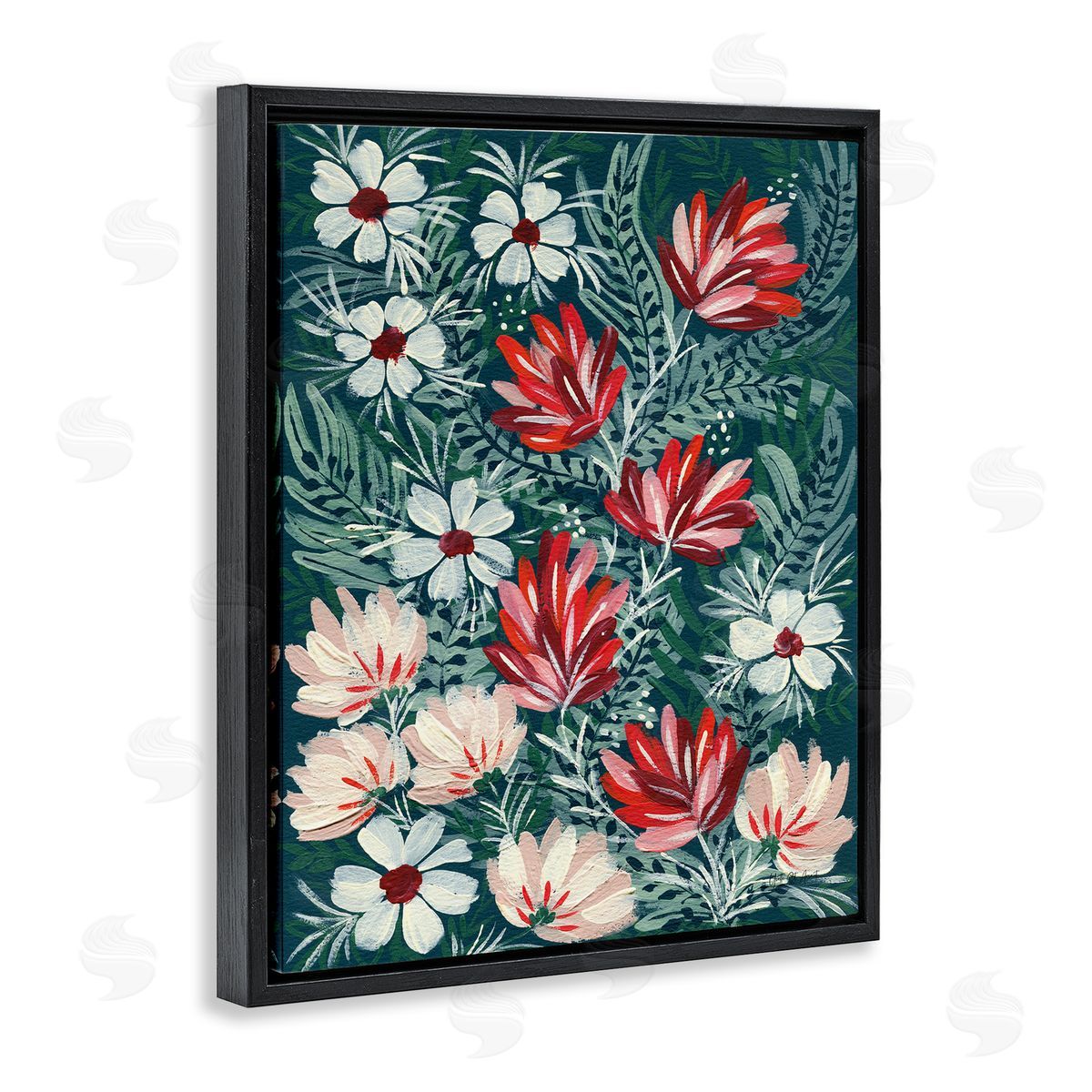 Folksy Floral Pattern Black Floating Frame Canvas Wall Art, Home Decor by Yvette St. Amant