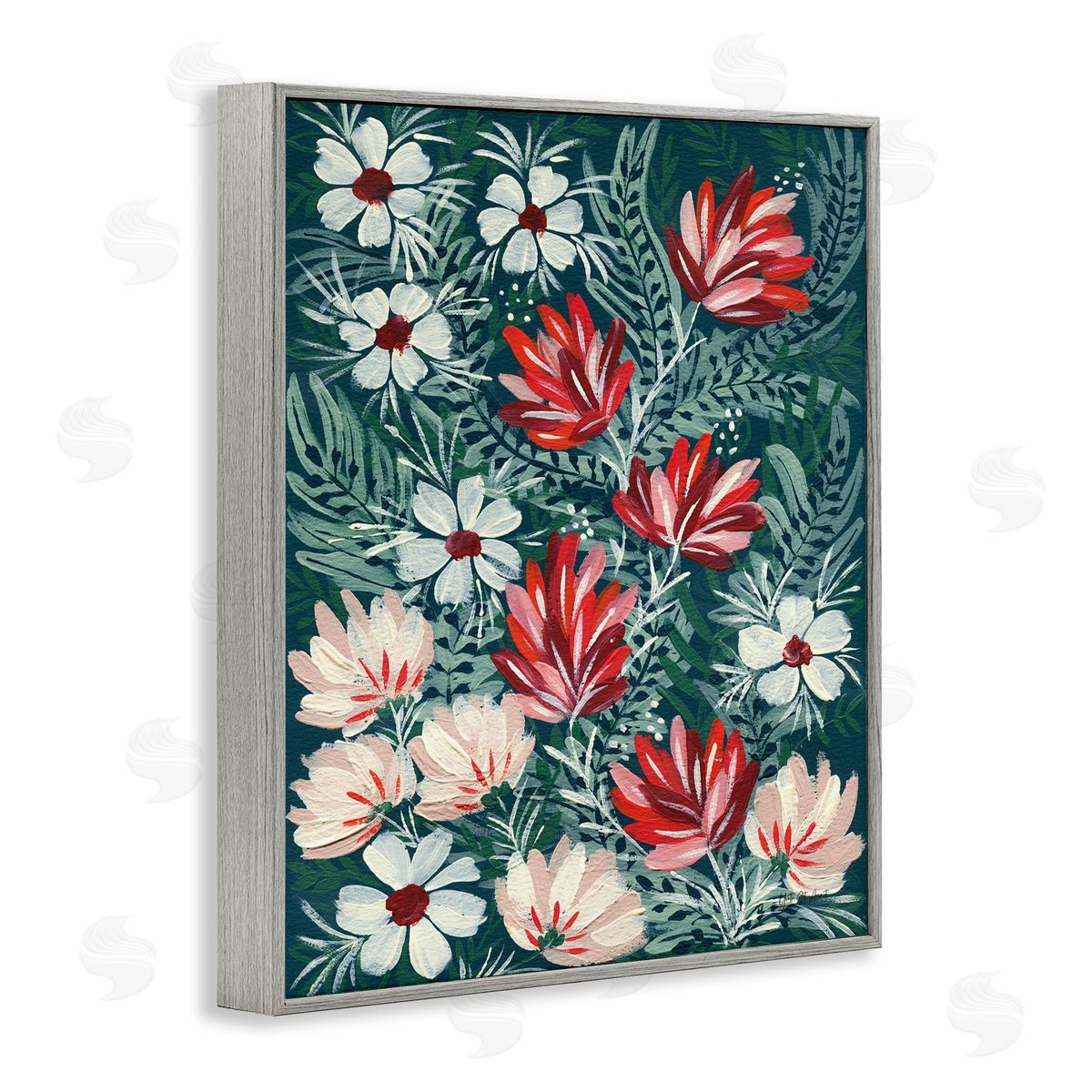 Folksy Floral Pattern Grey Frame Print Wall Art, Home Decor by Yvette St. Amant