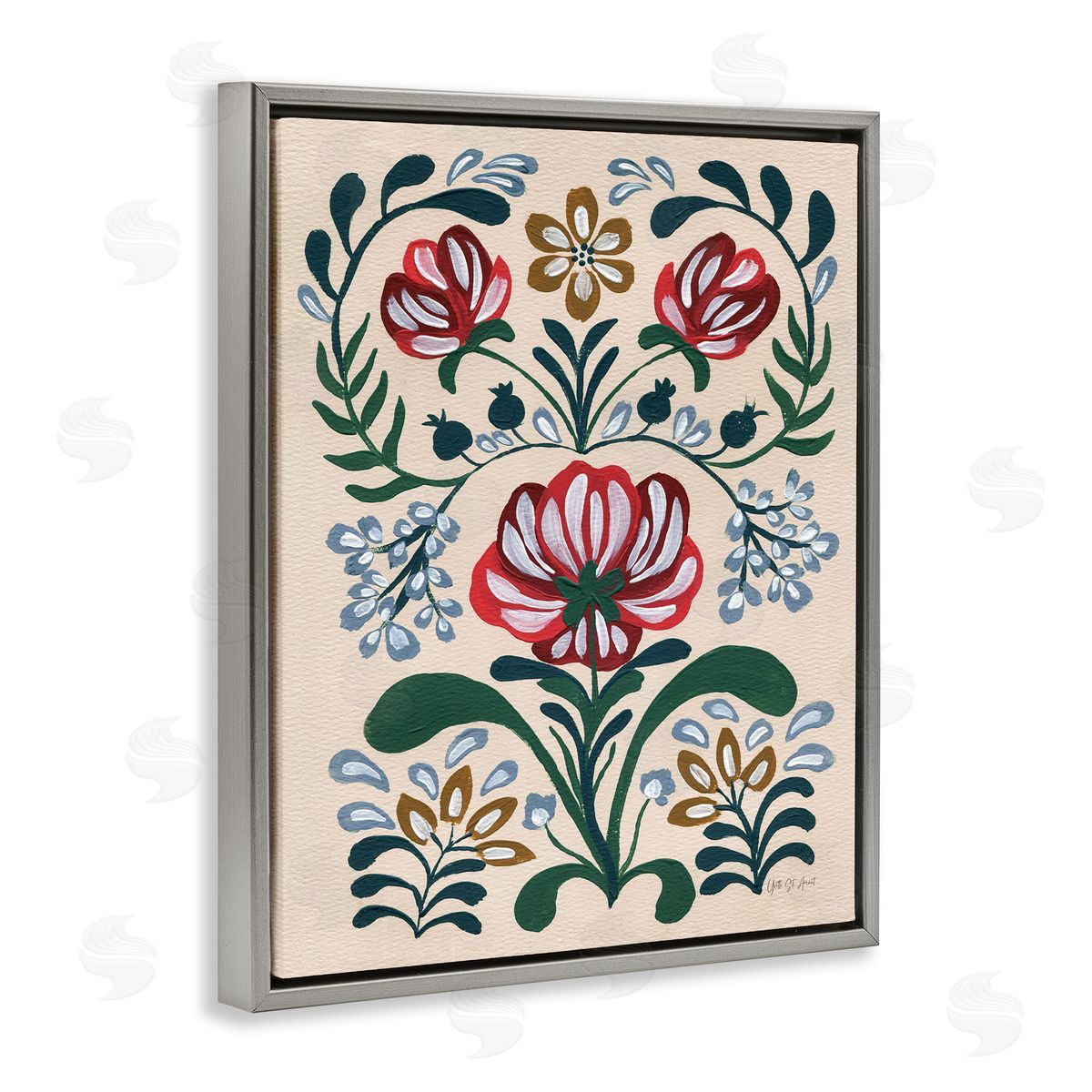 Boho Folk Florals Grey Floating Frame Canvas Wall Art, Home Decor by Yvette St. Amant