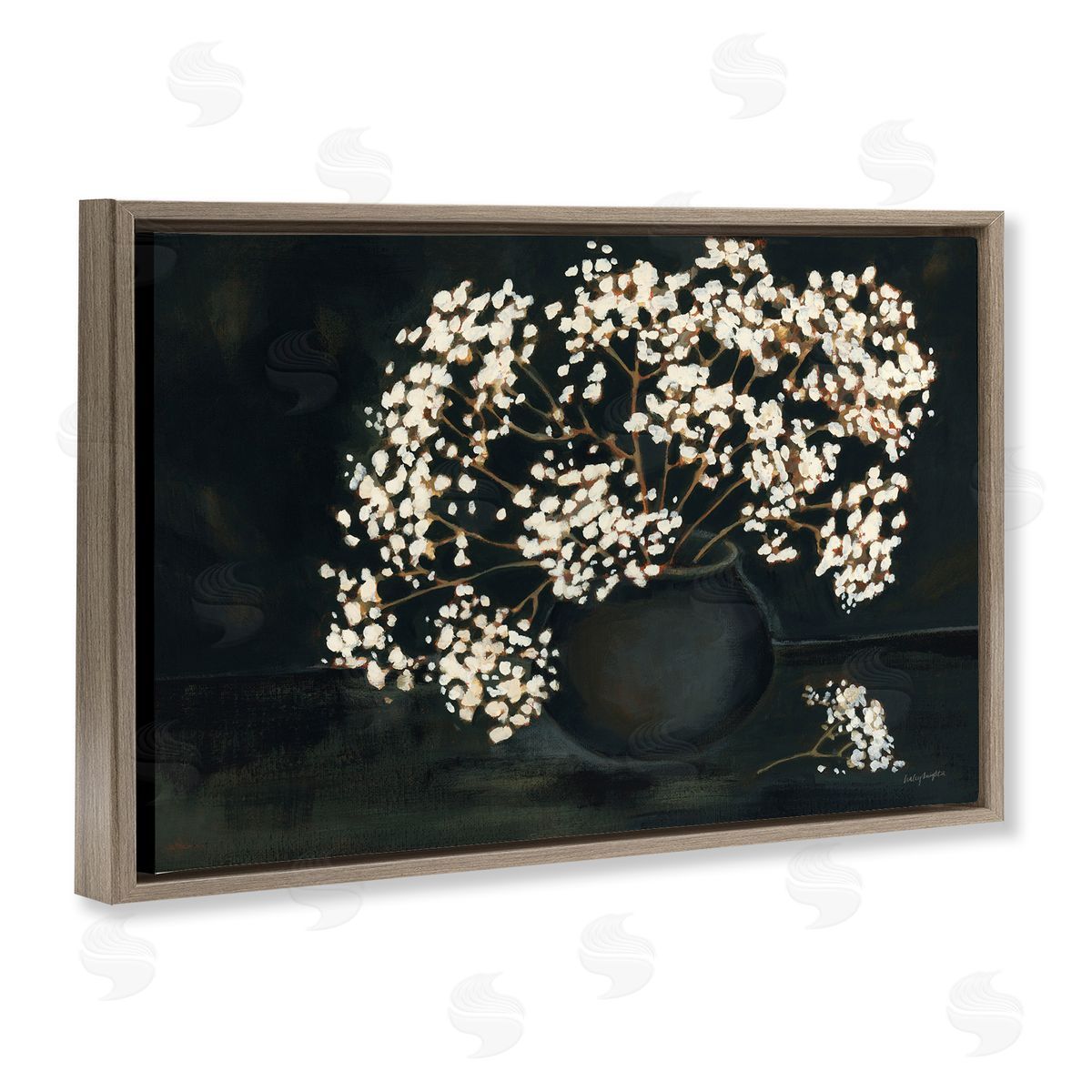 Baby's Breath on Black Brown Floating Frame Canvas Wall Art, Home Decor by Haley Knighten