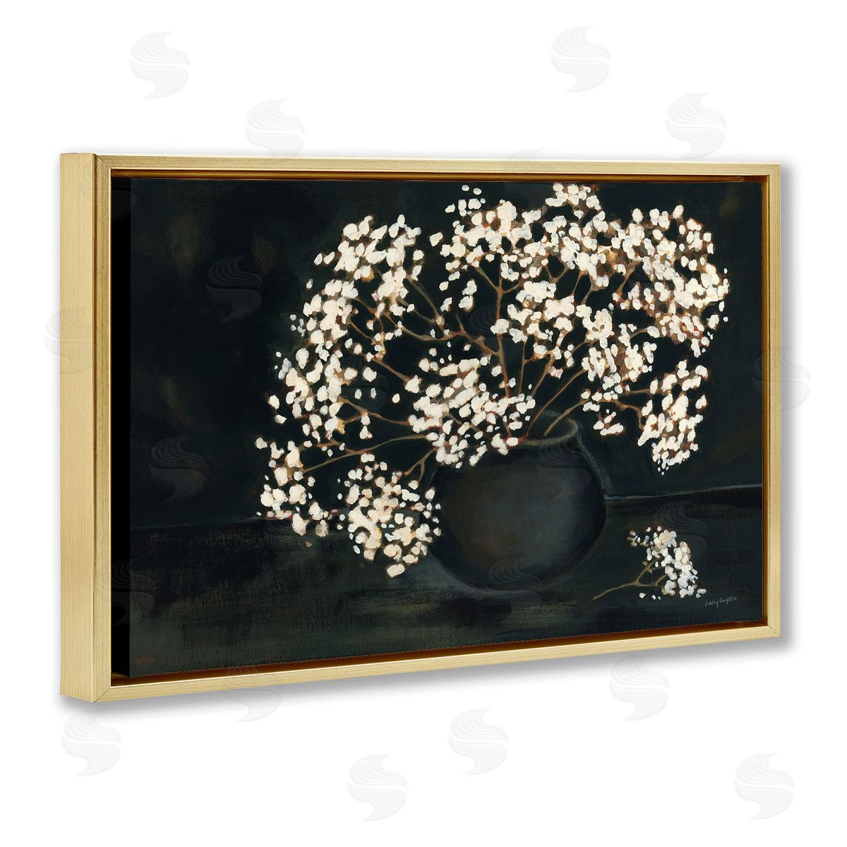 Baby's Breath on Black Gold Floating Frame Canvas Wall Art, Home Decor by Haley Knighten