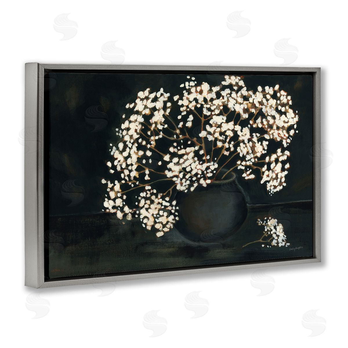 Baby's Breath on Black Grey Floating Frame Canvas Wall Art, Home Decor by Haley Knighten