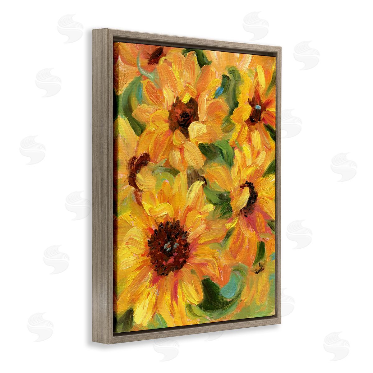 Sunflower Bunches Pattern Brown Floating Frame Canvas Wall Art, Home Decor by Sandra Iafrate