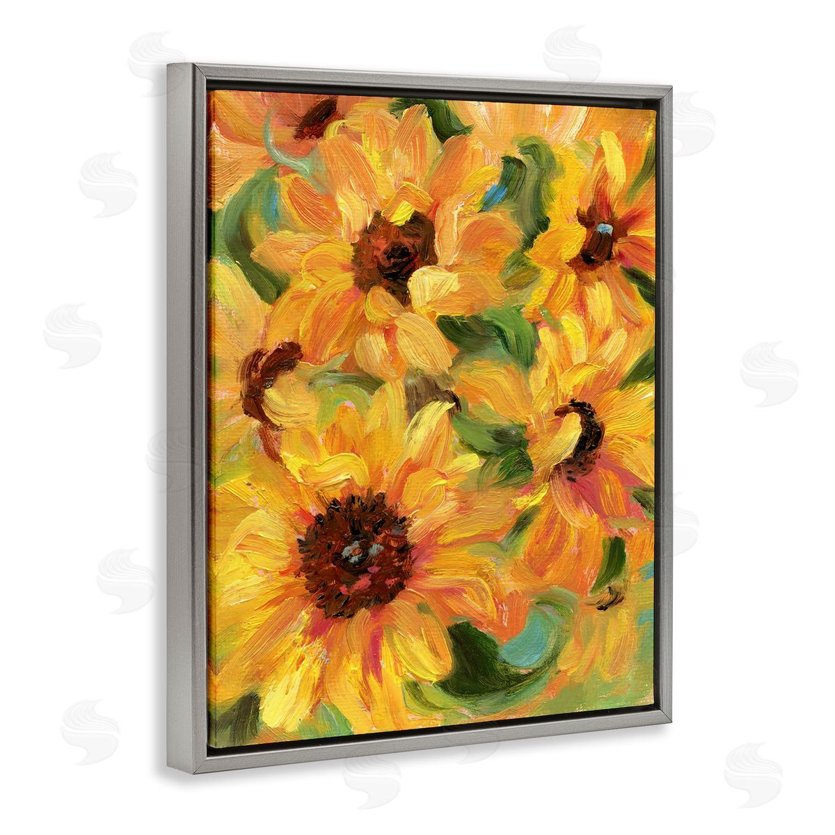 Sunflower Bunches Pattern Grey Floating Frame Canvas Wall Art, Home Decor by Sandra Iafrate