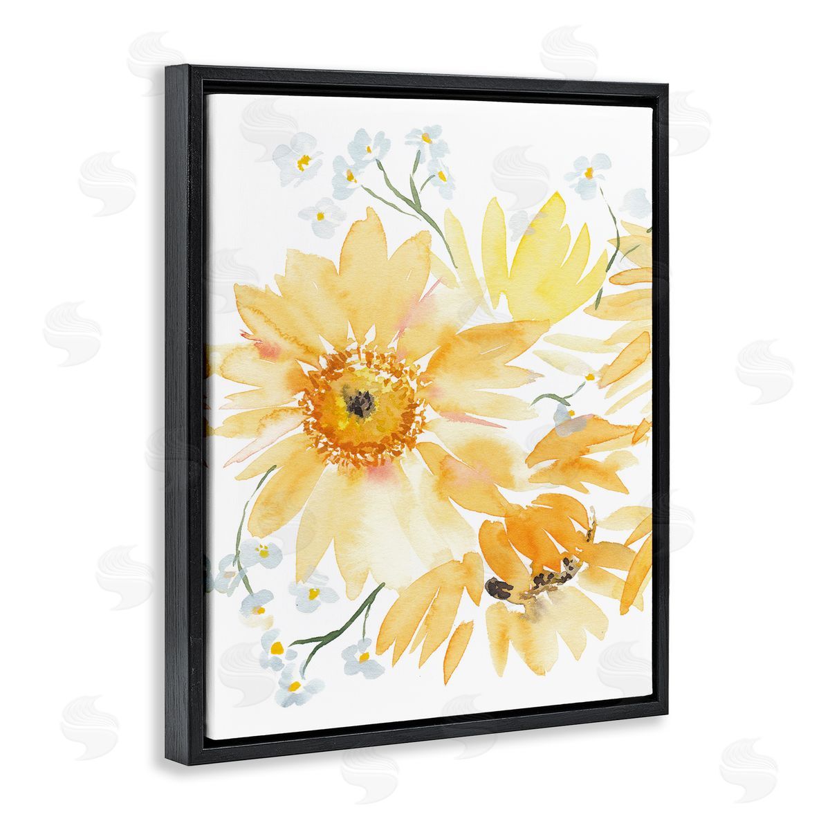 Yellow Brushed Flowers Black Floating Frame Canvas Wall Art, Home Decor by Amanda Cook