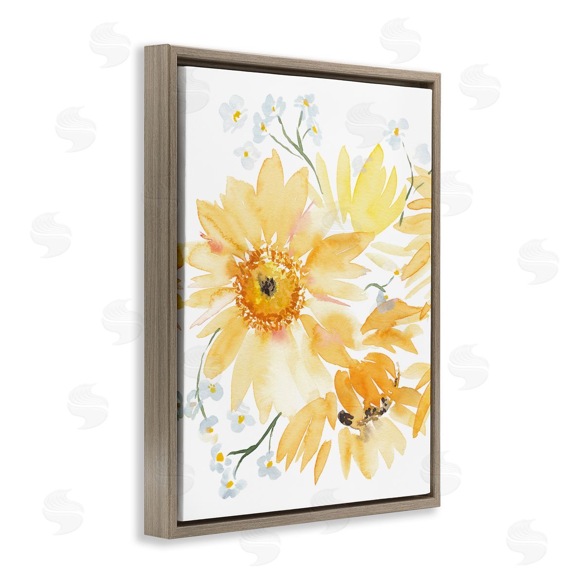 Yellow Brushed Flowers Brown Floating Frame Canvas Wall Art, Home Decor by Amanda Cook