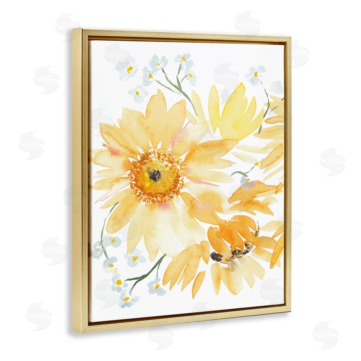 Yellow Brushed Flowers Gold Floating Frame Canvas Wall Art, Home Decor by Amanda Cook