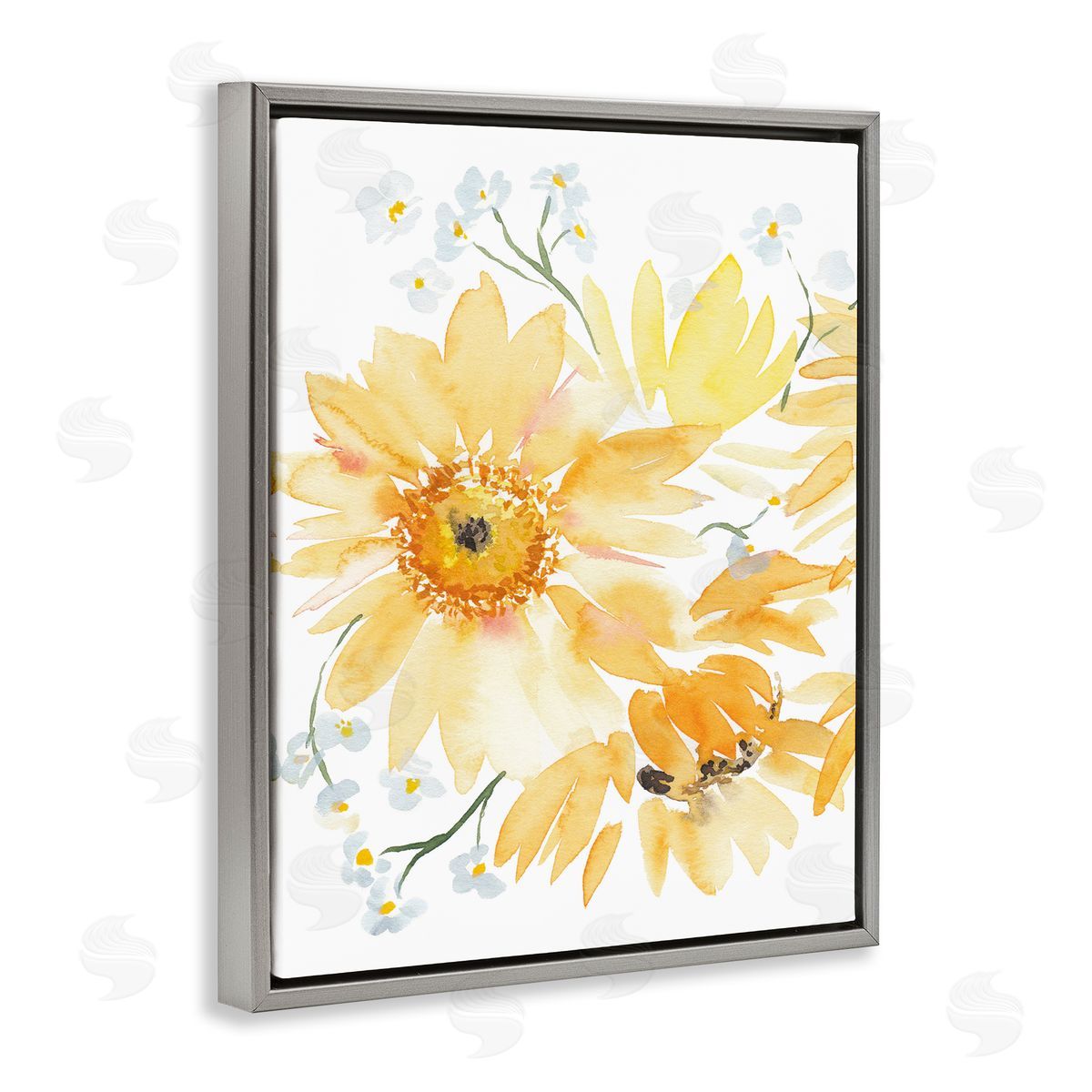 Yellow Brushed Flowers Grey Floating Frame Canvas Wall Art, Home Decor by Amanda Cook