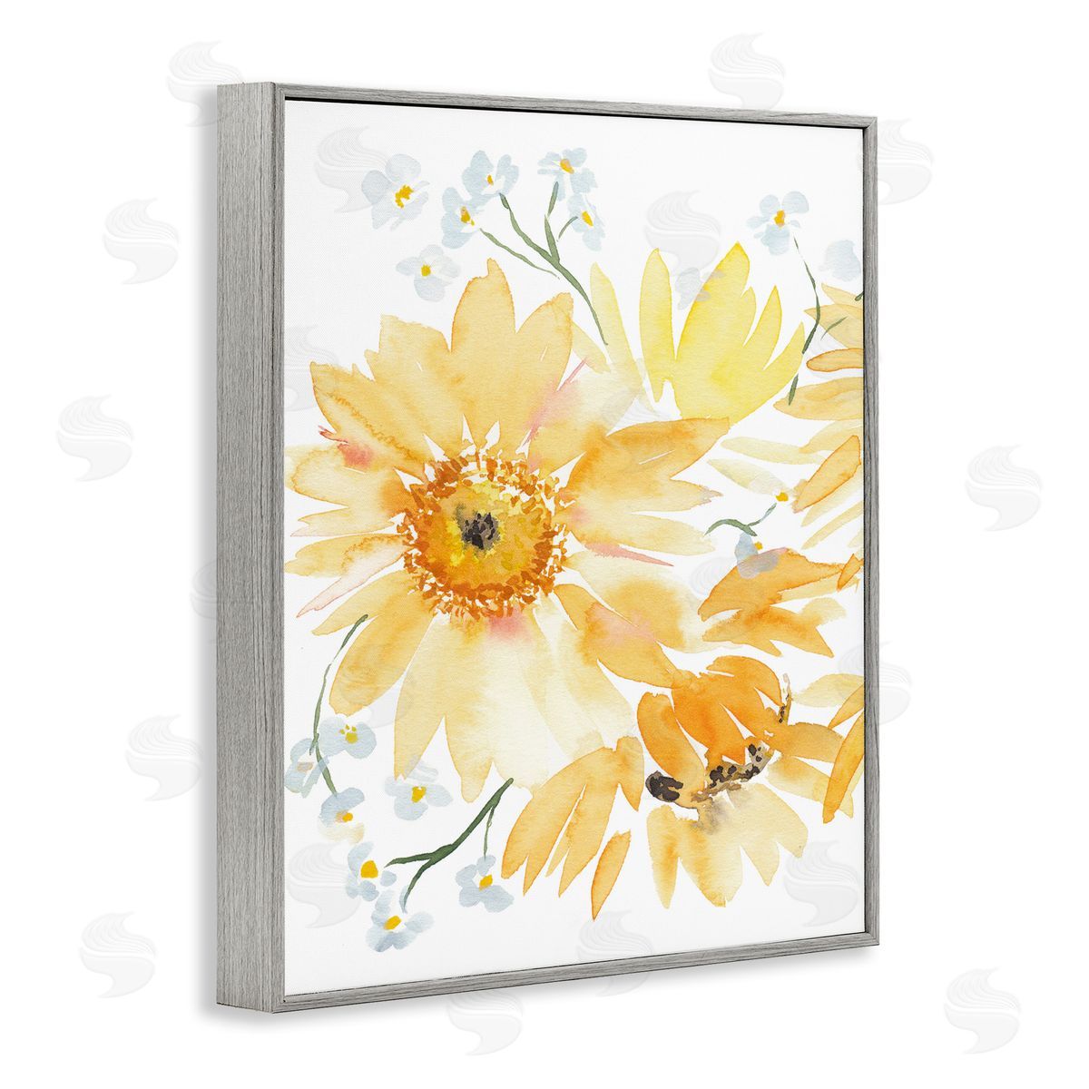 Yellow Brushed Flowers Grey Frame Print Wall Art, Home Decor by Amanda Cook