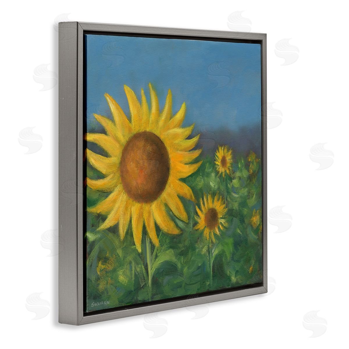 Mellow Sunflower Garden Grey Floating Frame Canvas Wall Art, Home Decor by David Swanagin