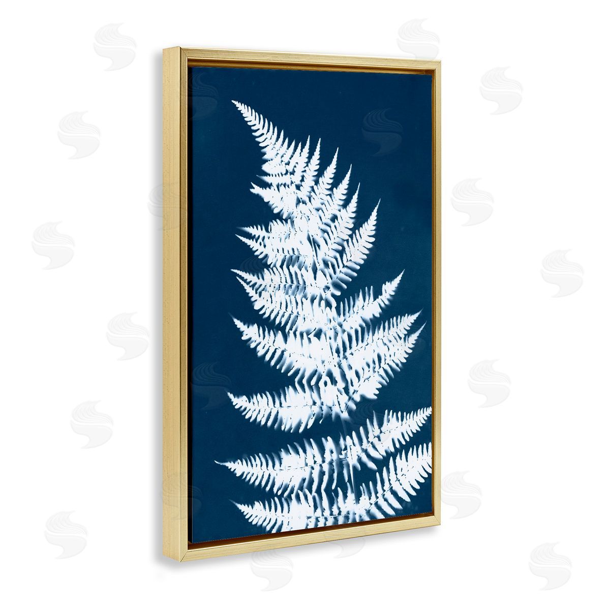 Blue and White Fern Gold Floating Frame Canvas Wall Art, Home Decor by Jason Johnson