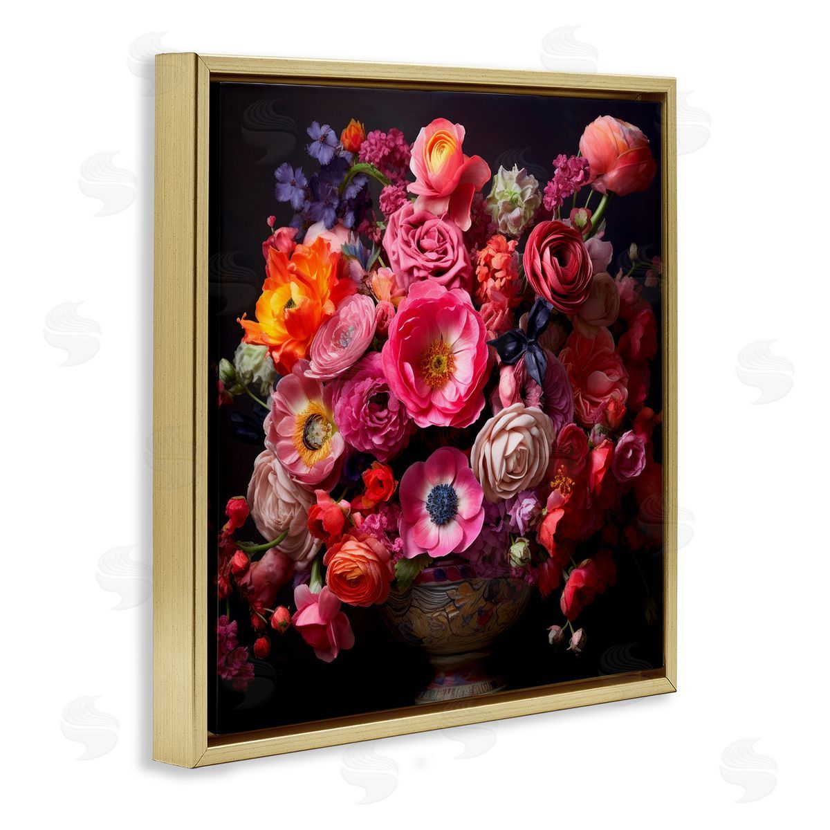 Dark Full Bouquet Gold Floating Frame Canvas Wall Art, Home Decor by Lazar Studio