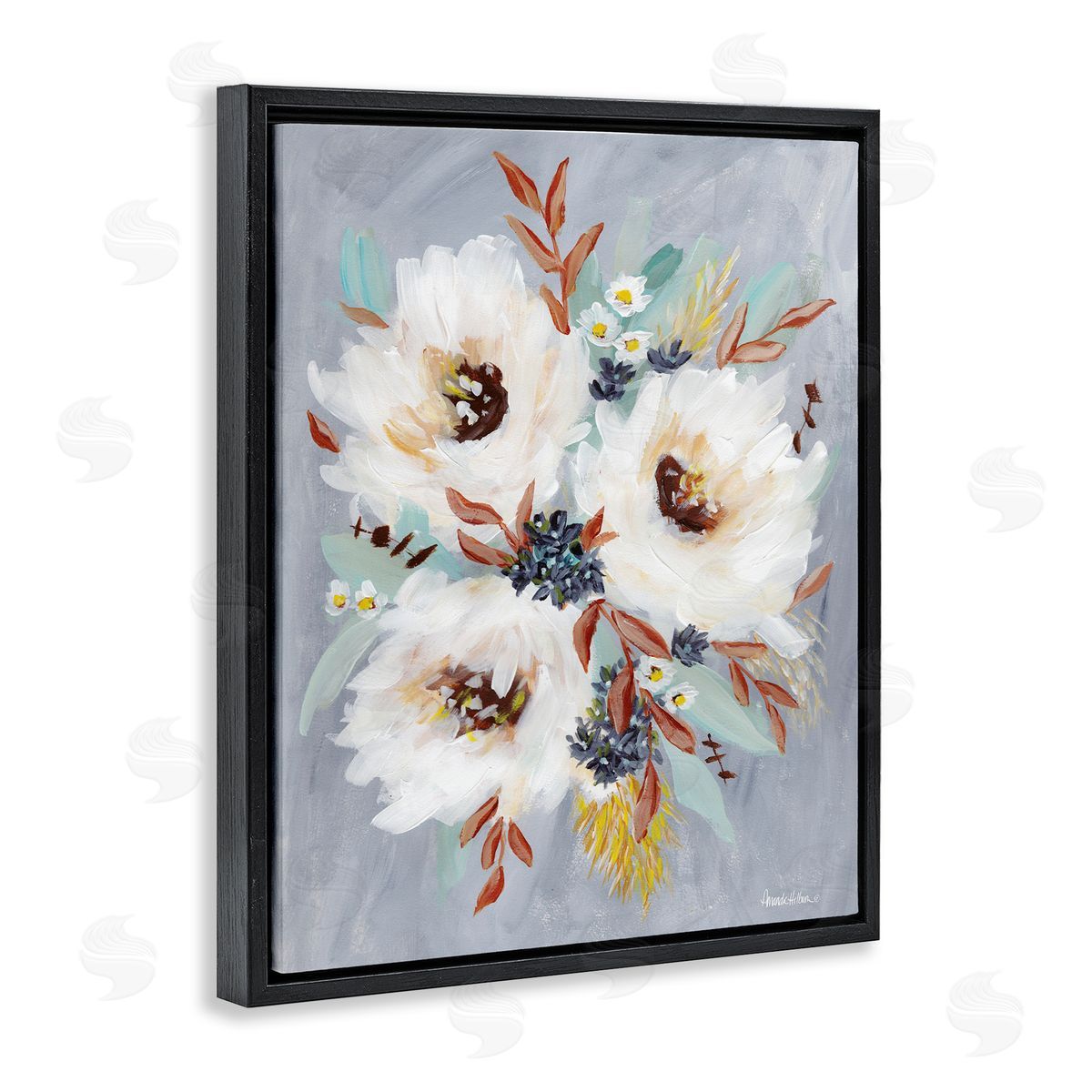 White Flowers Trio Black Floating Frame Canvas Wall Art, Home Decor by Amanda Hilburn