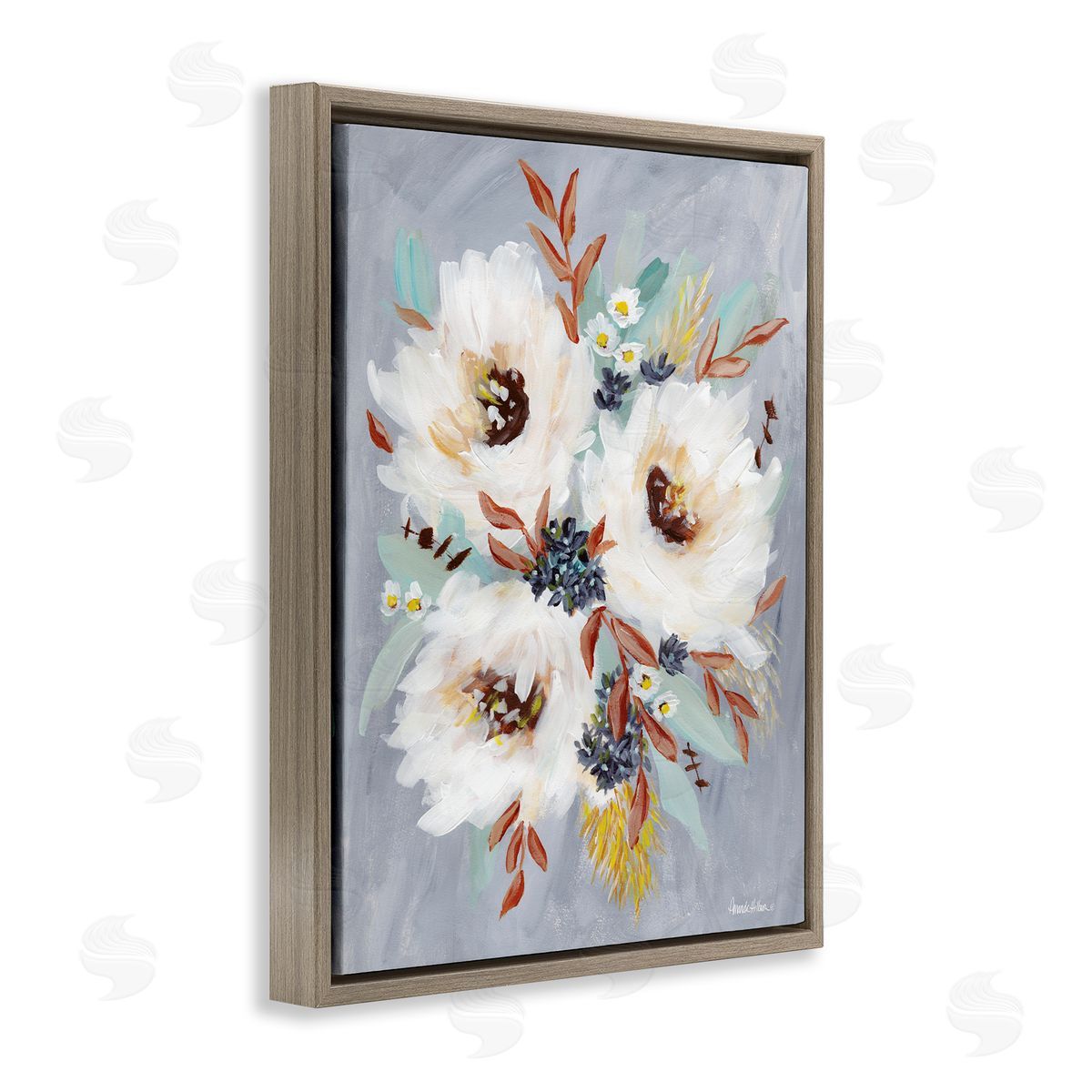 White Flowers Trio Brown Floating Frame Canvas Wall Art, Home Decor by Amanda Hilburn