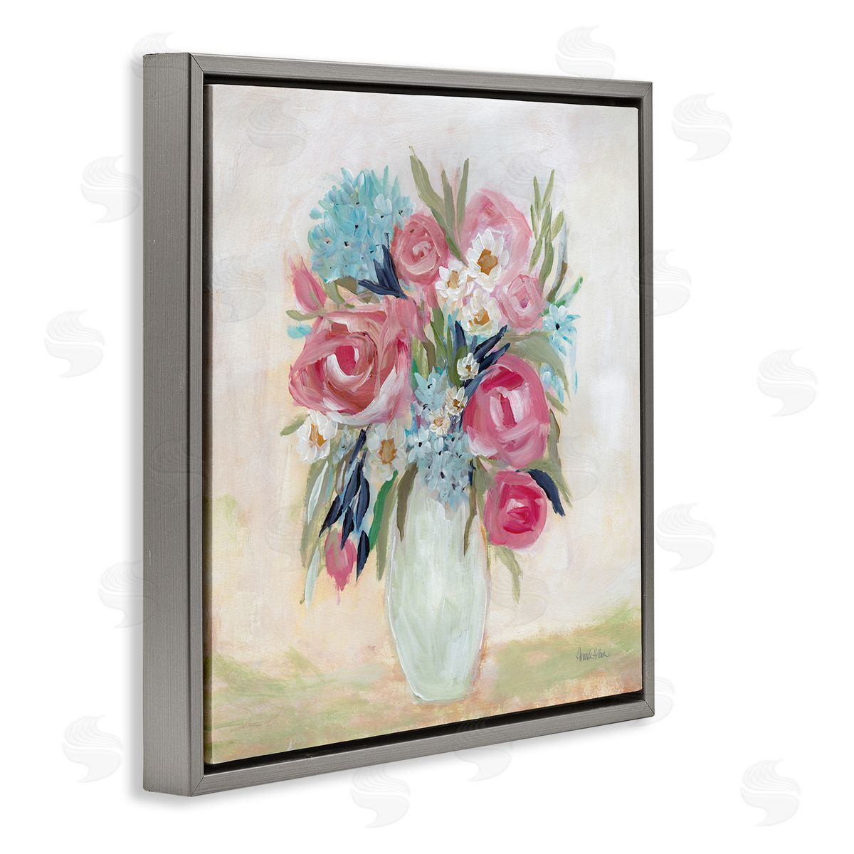 Amanda Hilburn Drooping Pink Roses Gray Floating Frame Canvas Wall Art Print