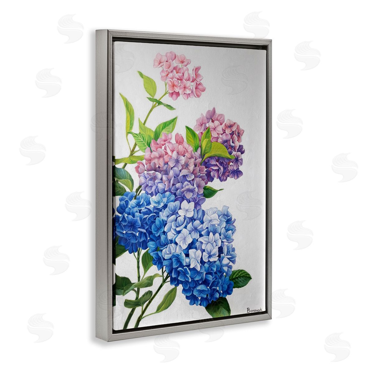 Detailed Hydrangea Gradient Grey Floating Frame Canvas Wall Art, Home Decor by Myroslava Voloschuk