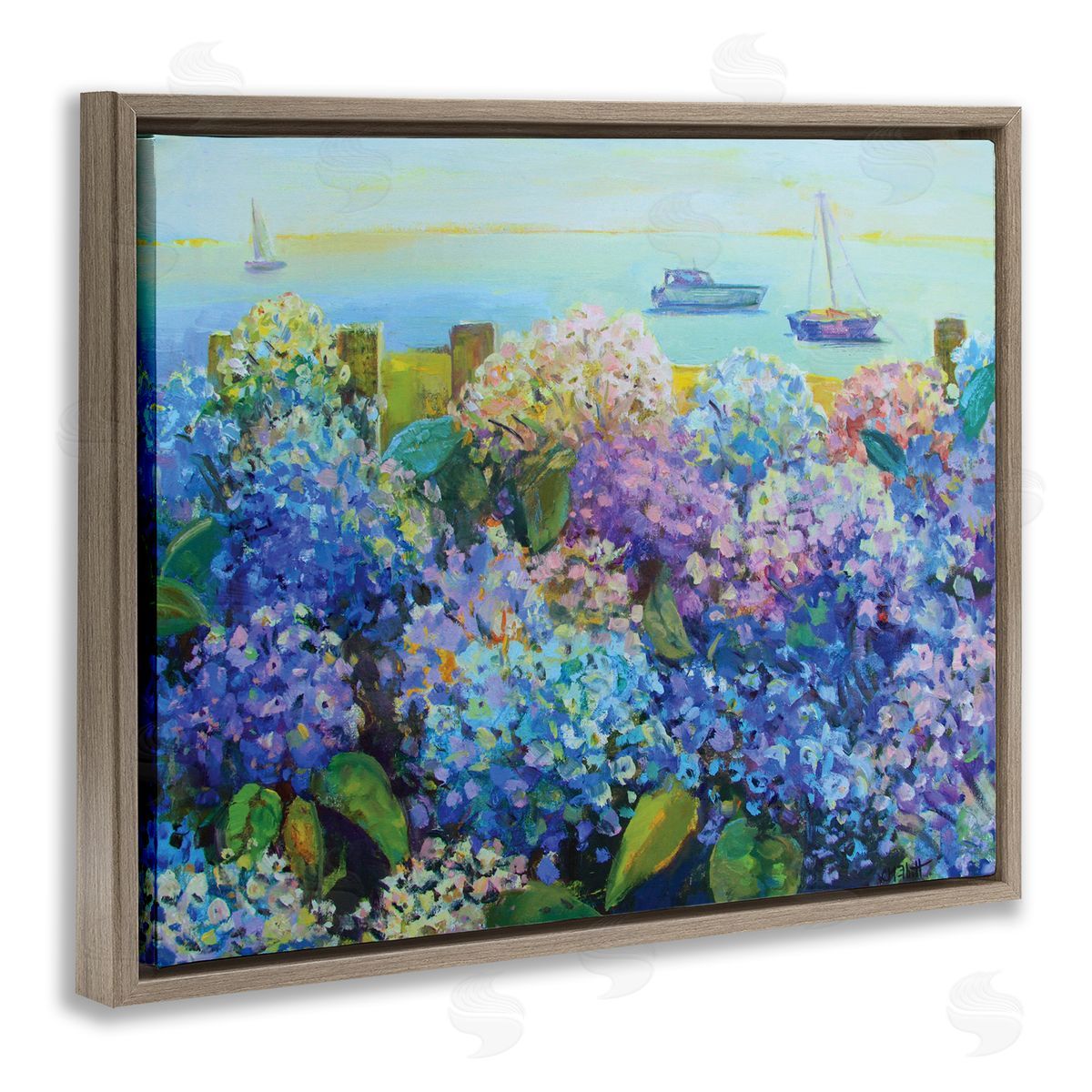 Hydrangea By The Sea Brown Floating Frame Canvas Wall Art, Home Decor by Catherine Elliot