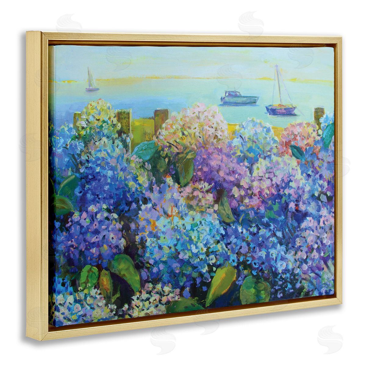 Hydrangea By The Sea Gold Floating Frame Canvas Wall Art, Home Decor by Catherine Elliot