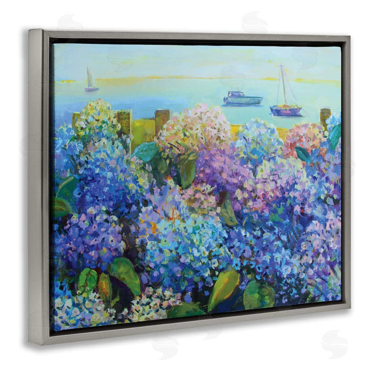 Hydrangea By The Sea Grey Floating Frame Canvas Wall Art, Home Decor by Catherine Elliot
