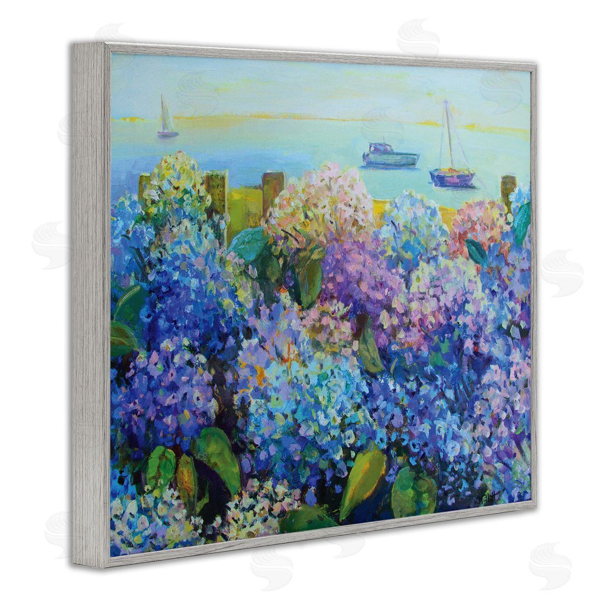 Hydrangea By The Sea Grey Frame Print Wall Art, Home Decor by Catherine Elliot