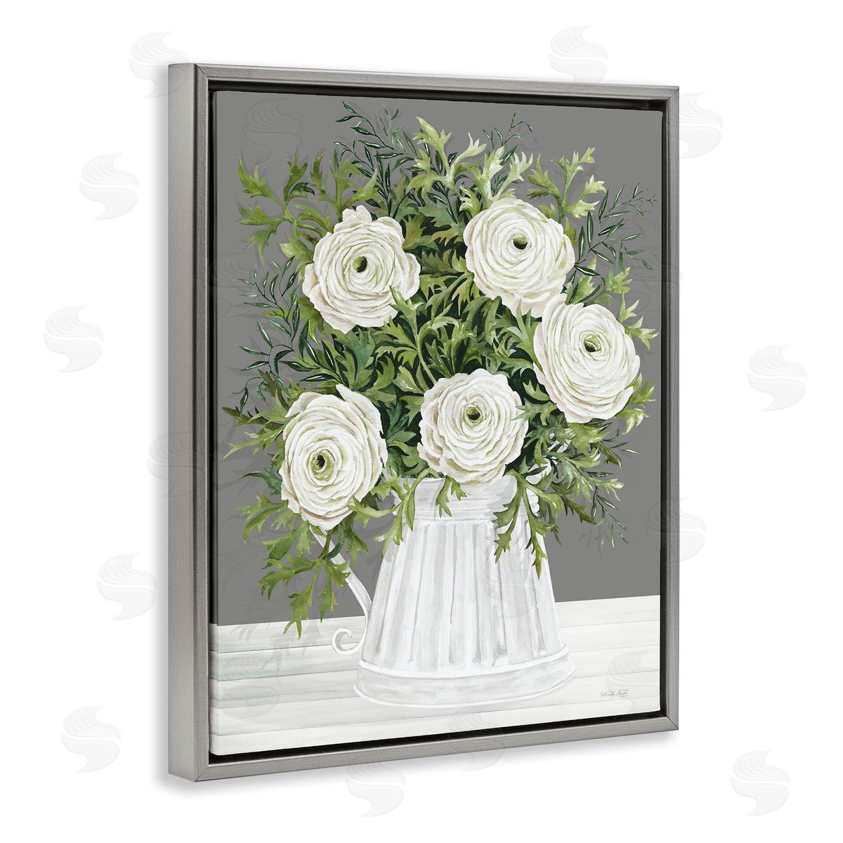 Peonies in Country Vase Grey Floating Frame Canvas Wall Art, Home Decor by Cindy Jacobs