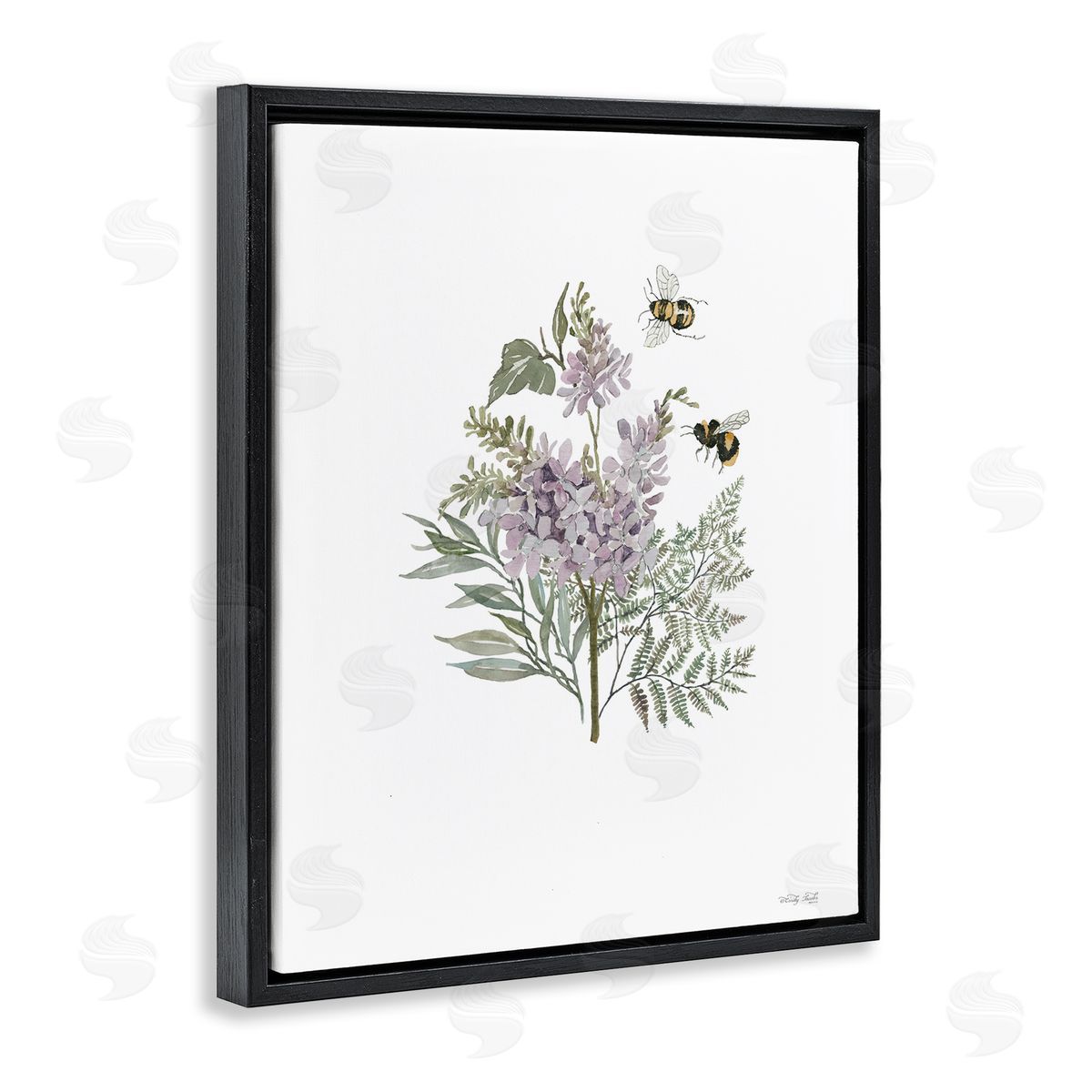 Lilacs and Bumble Bees Black Floating Frame Canvas Wall Art, Home Decor by Cindy Jacobs