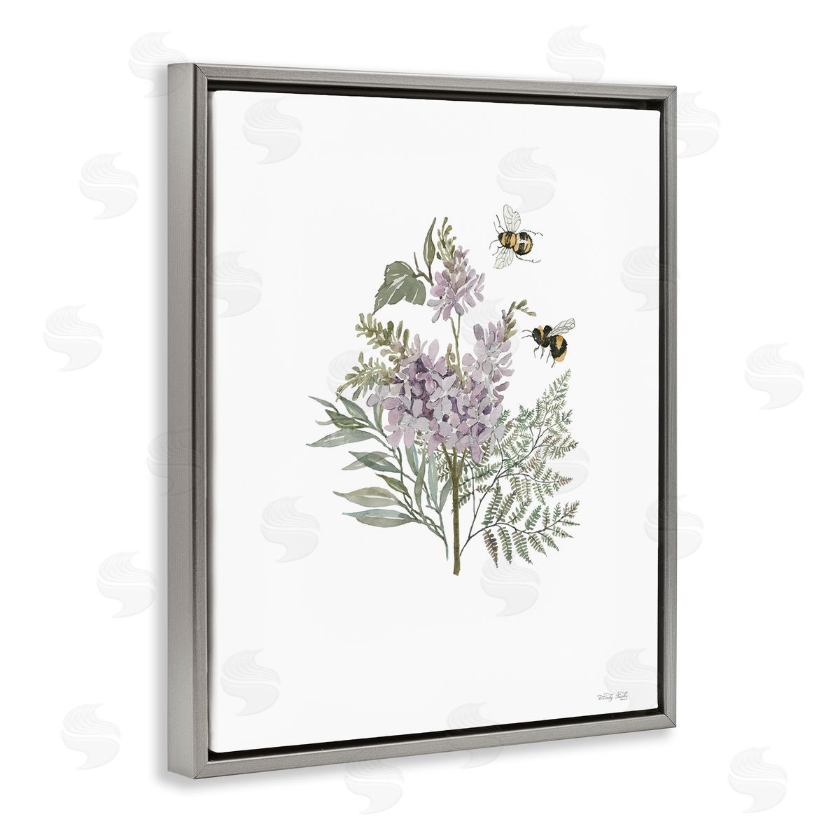 Lilacs and Bumble Bees Grey Floating Frame Canvas Wall Art, Home Decor by Cindy Jacobs