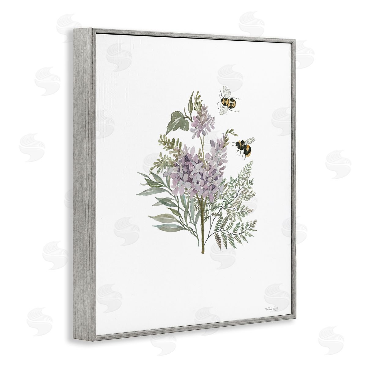Lilacs and Bumble Bees Grey Frame Print Wall Art, Home Decor by Cindy Jacobs