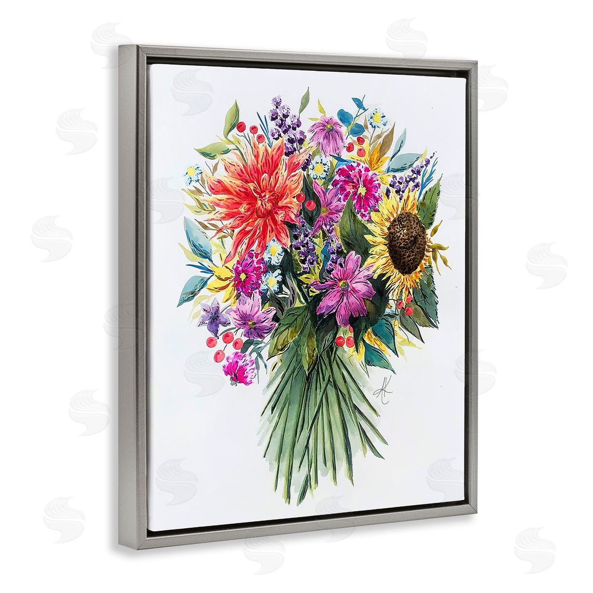Bright Wildflower Bouquet Grey Floating Frame Canvas Wall Art, Home Decor by Alexandria Gilbert Kincaid