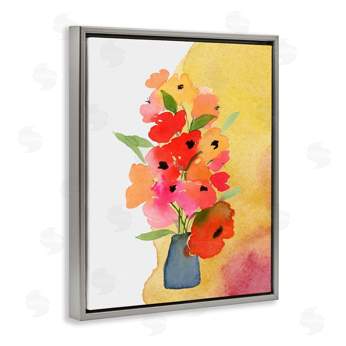 Bright Abstract Florals Grey Floating Frame Canvas Wall Art, Home Decor by Corinne Rose Designs