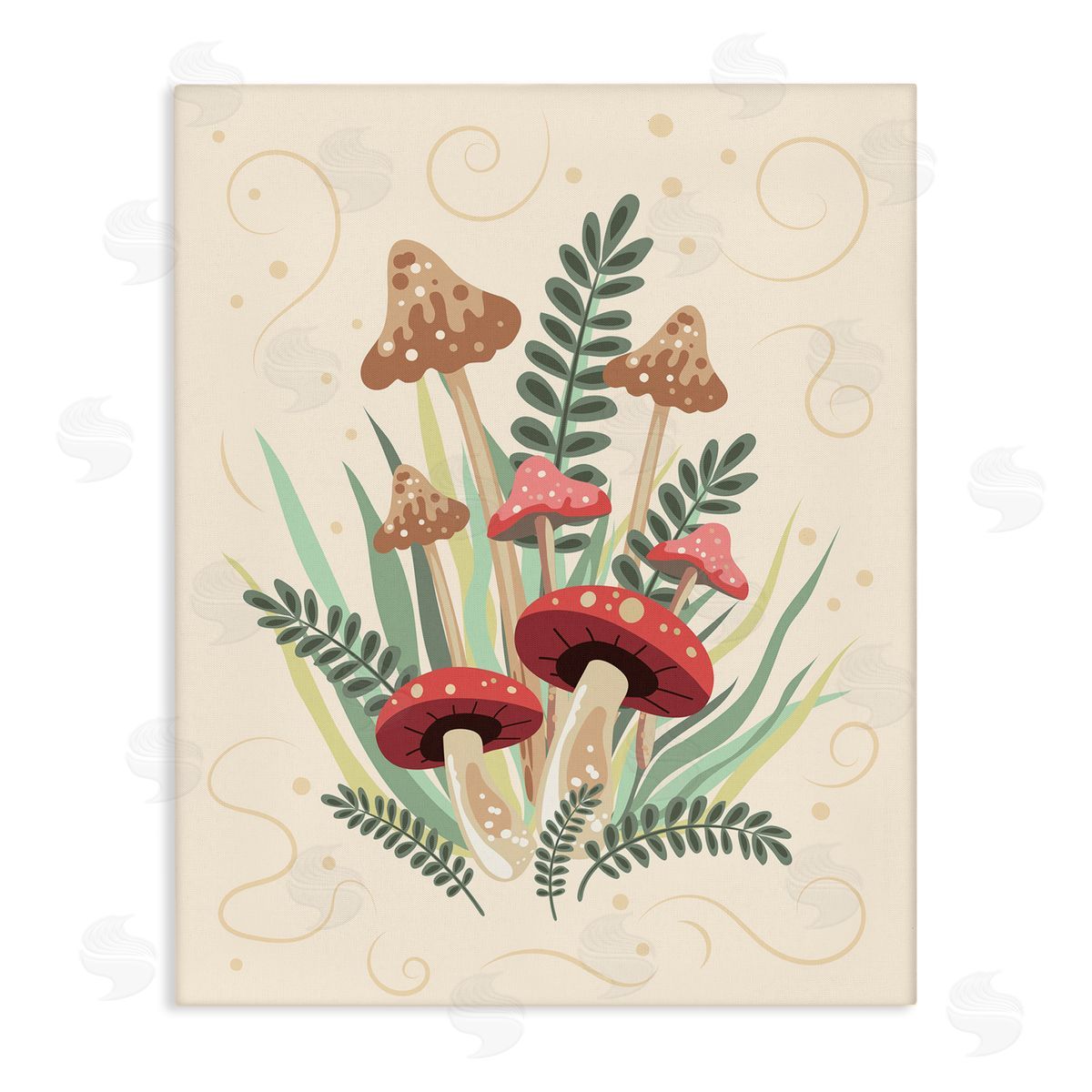 Mushrooms and Swirl Pattern Canvas Wall Art, Home Decor by Diane Labombarbe