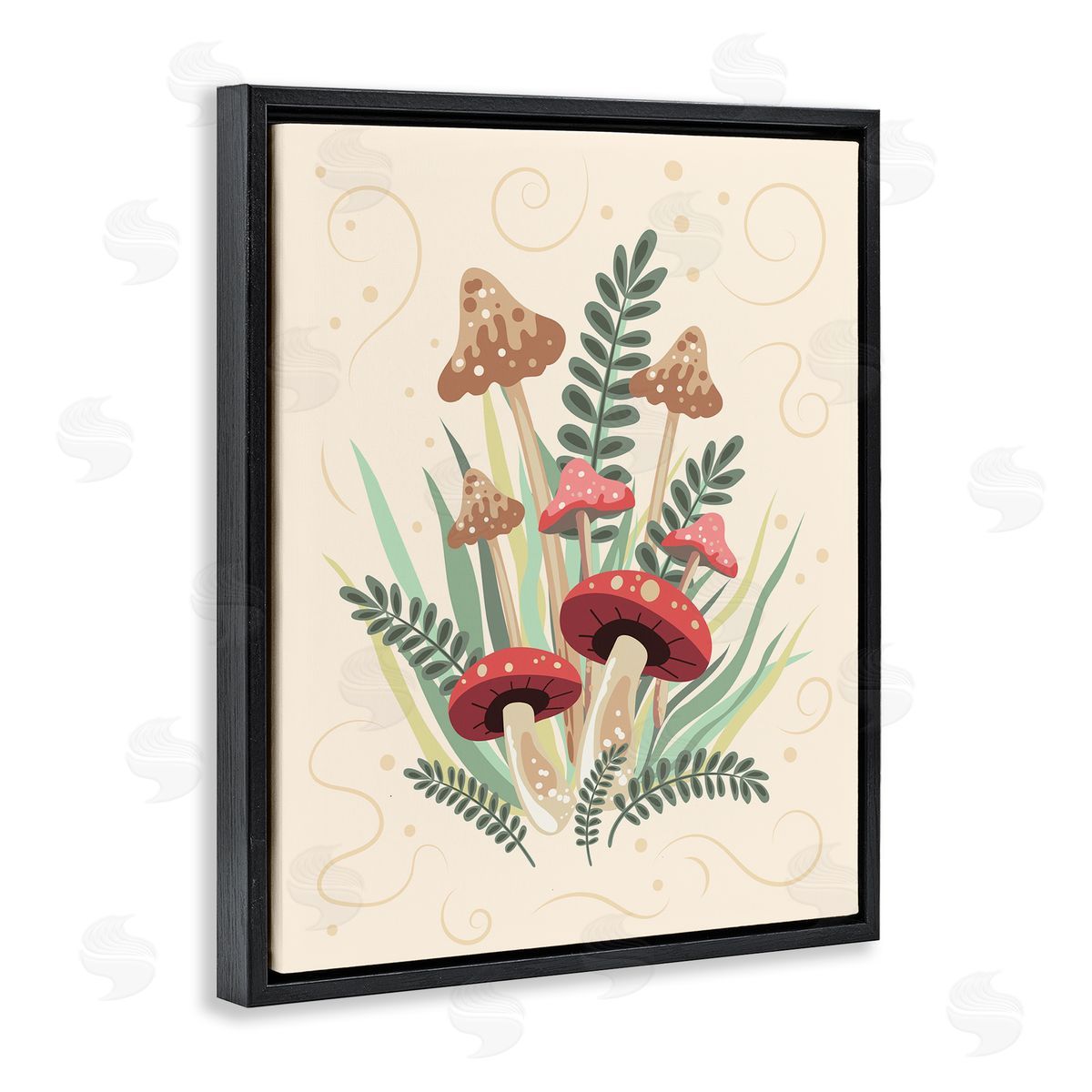 Mushrooms and Swirl Pattern Black Floating Frame Canvas Wall Art, Home Decor by Diane Labombarbe
