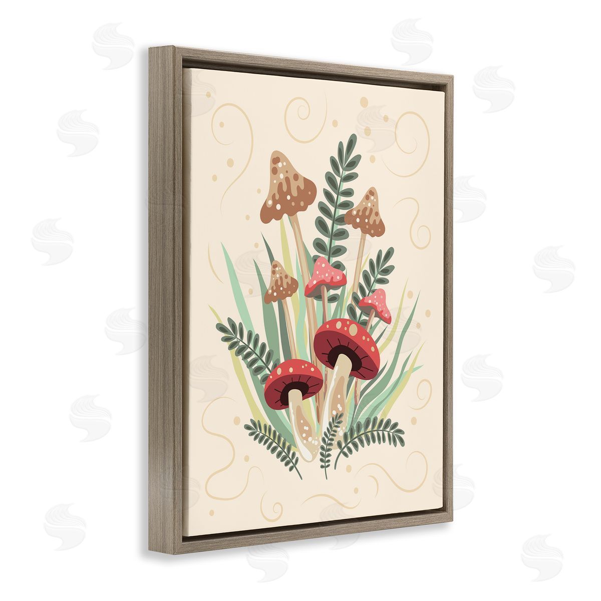 Mushrooms and Swirl Pattern Brown Floating Frame Canvas Wall Art, Home Decor by Diane Labombarbe