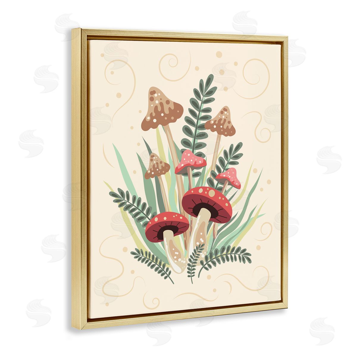 Mushrooms and Swirl Pattern Gold Floating Frame Canvas Wall Art, Home Decor by Diane Labombarbe