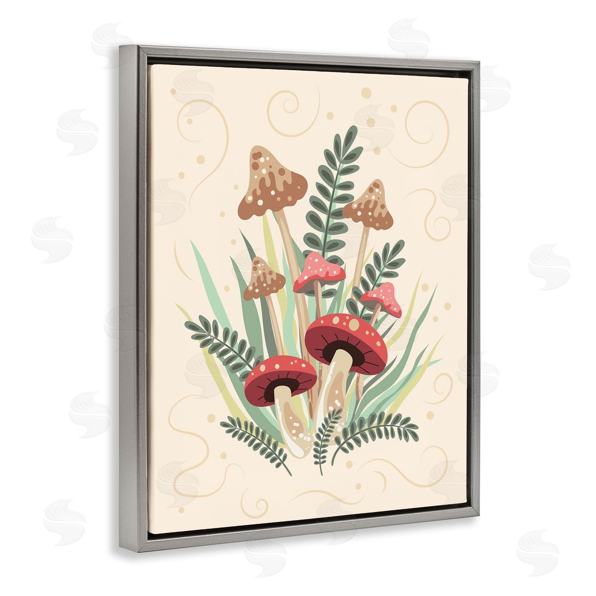 Mushrooms and Swirl Pattern Grey Floating Frame Canvas Wall Art, Home Decor by Diane Labombarbe