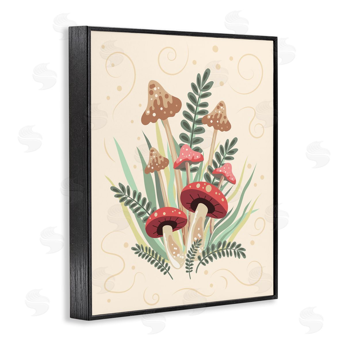 Mushrooms and Swirl Pattern Black Frame Print Wall Art, Home Decor by Diane Labombarbe
