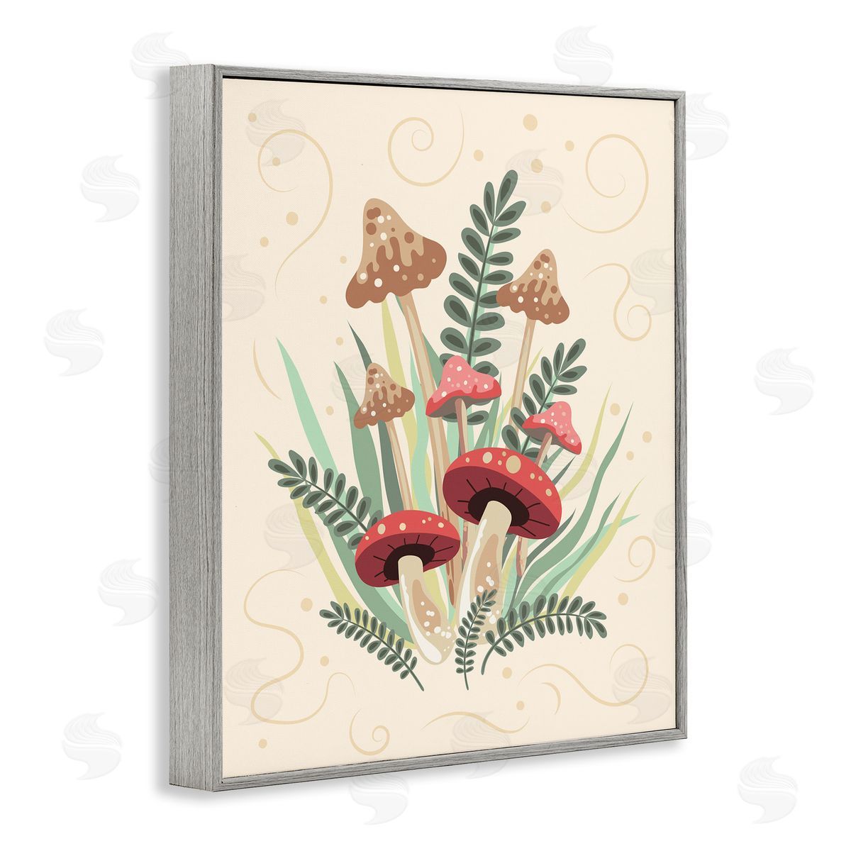 Mushrooms and Swirl Pattern Grey Frame Print Wall Art, Home Decor by Diane Labombarbe