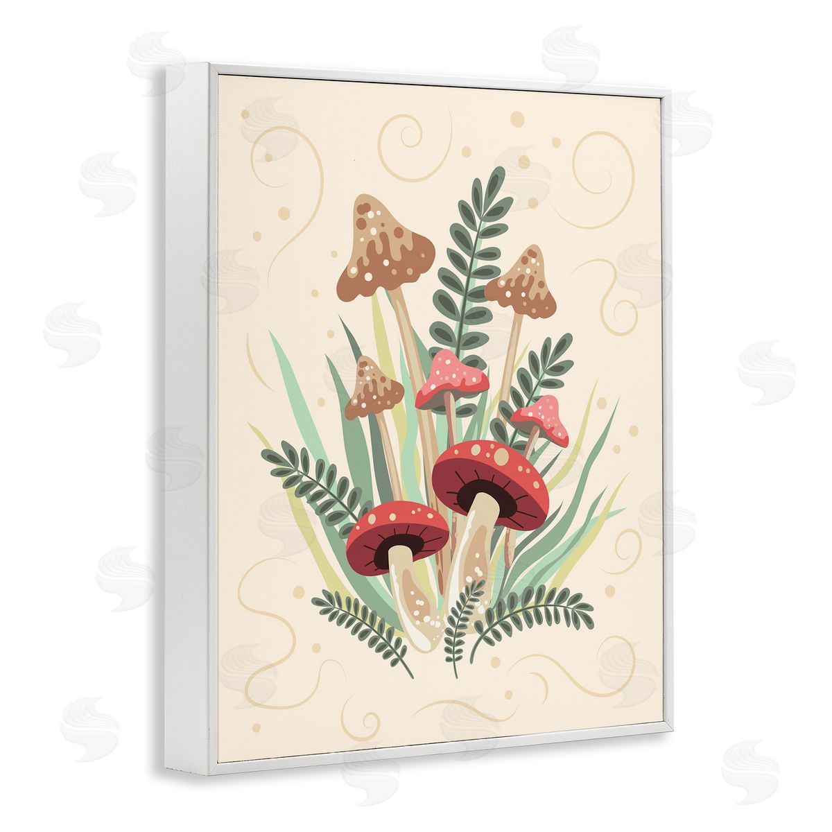 Mushrooms and Swirl Pattern White Frame Print Wall Art, Home Decor by Diane Labombarbe