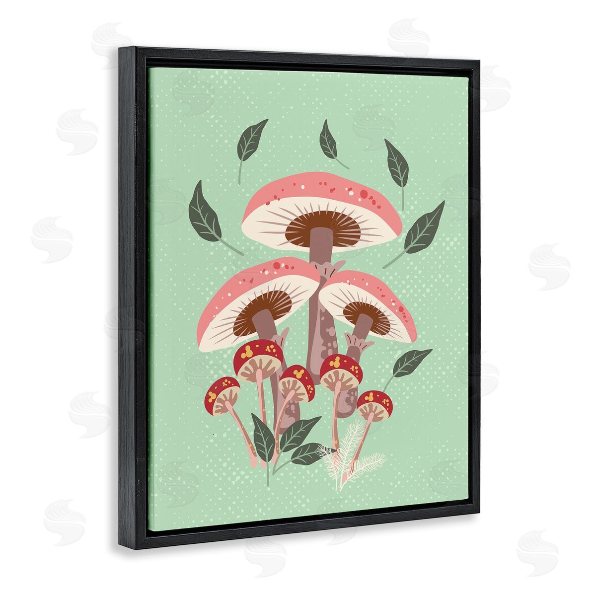 Mushrooms and Falling Leaves Black Floating Frame Canvas Wall Art, Home Decor by Diane Labombarbe