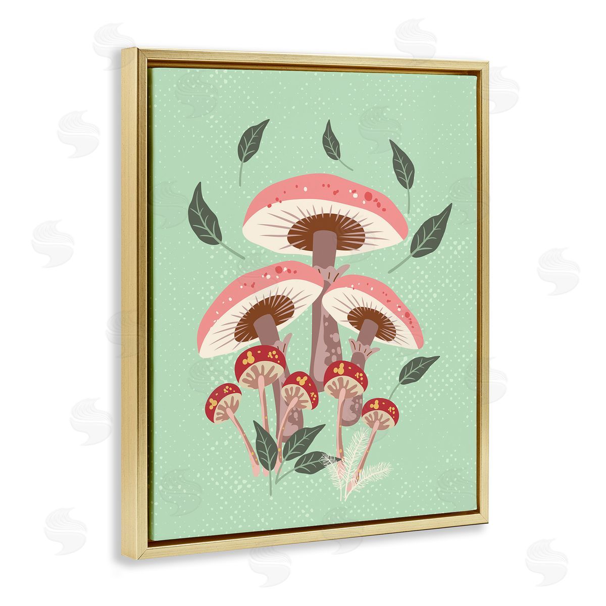Mushrooms and Falling Leaves Gold Floating Frame Canvas Wall Art, Home Decor by Diane Labombarbe